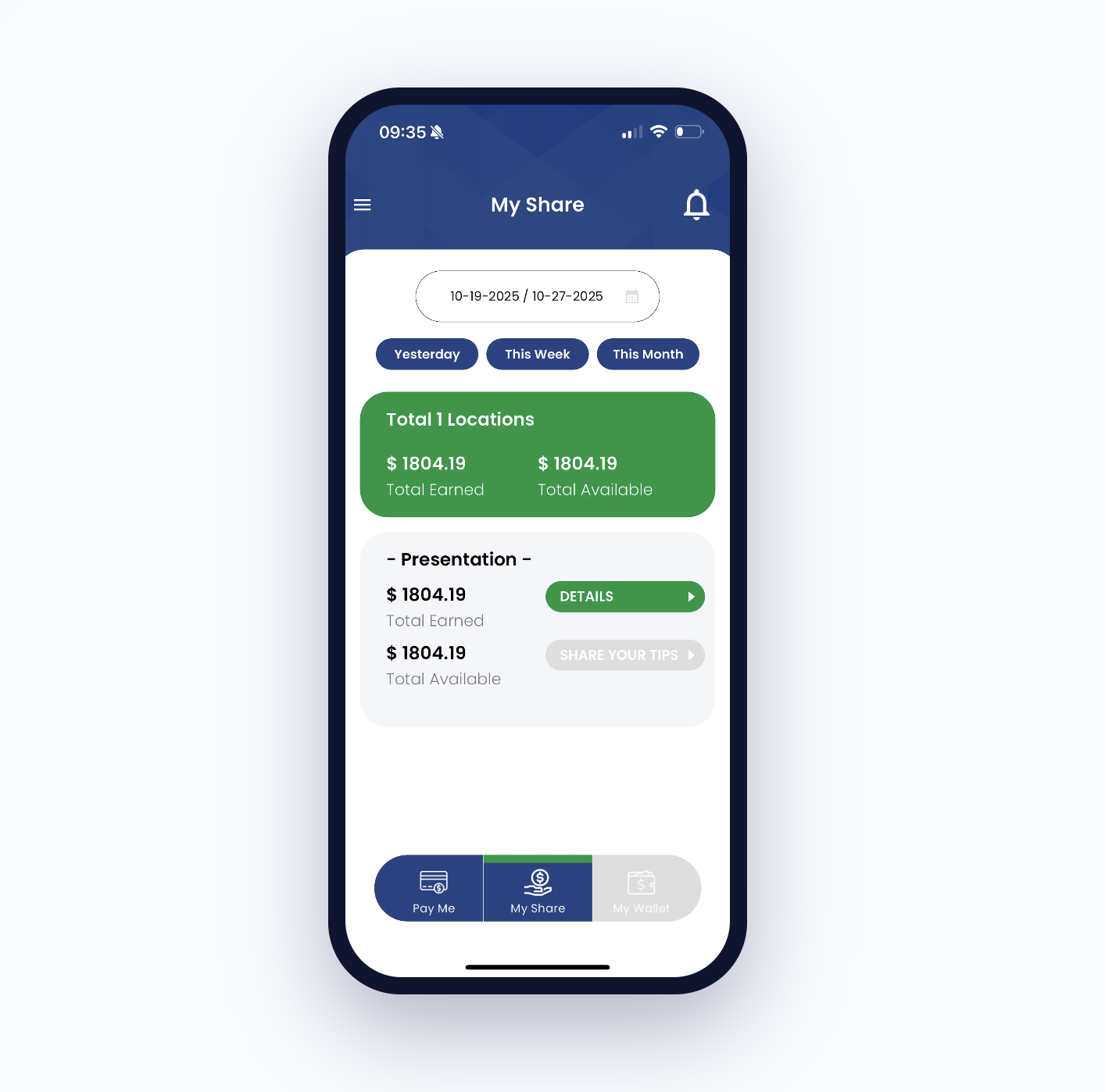 PayDay Portal bilingual employee app in a phone frame showing tip balances on the My Share screen